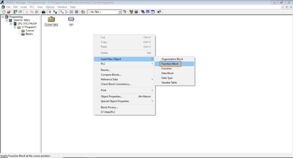 برنامه نویسی PLC زیمنس SIMATIC Manager STEP7 اضافه کردن یک بلوک تابع