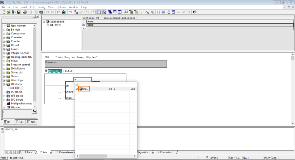 برنامه‌نویسی PLC زیمنس SIMATIC Manager STEP7 - اضافه کردن بلوک داده به بلوک فراخوانی