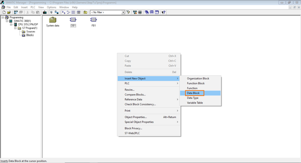 برنامه‌نویسی PLC زیمنس SIMATIC Manager STEP7 -افزودن بلوک داده (DB)