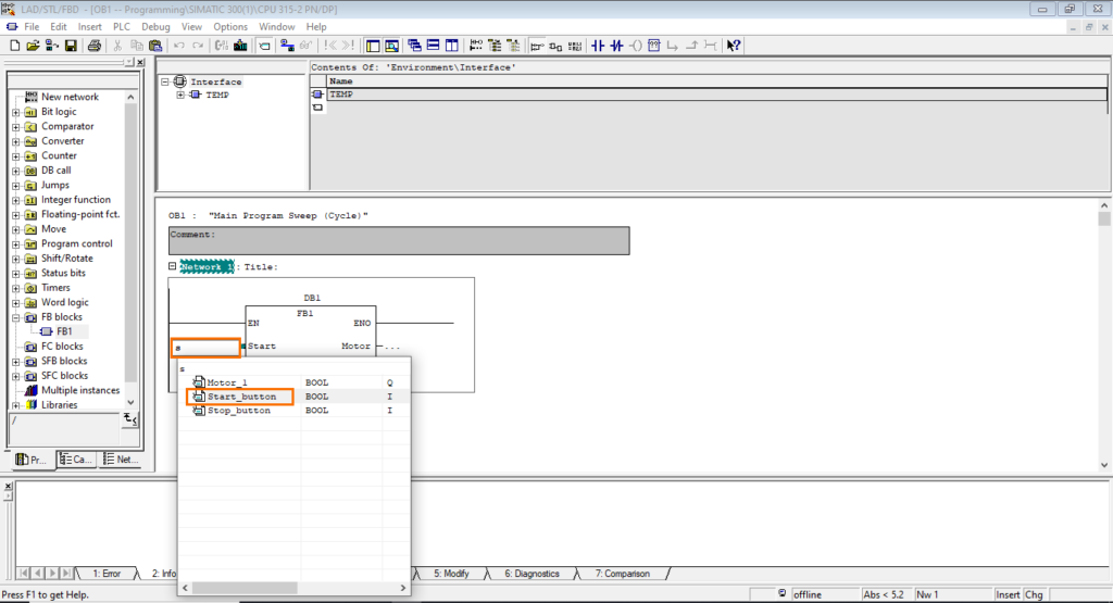 برنامه‌نویسی PLC زیمنس SIMATIC Manager STEP7 - افزودن نماد به ورودی شروع
