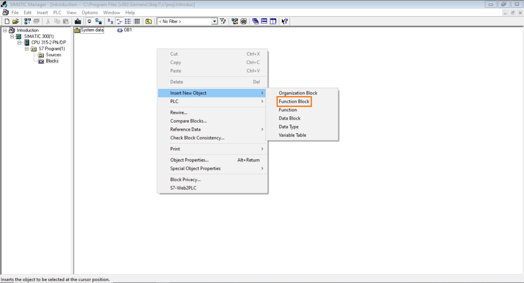 برنامه‌نویسی PLC زیمنس SIMATIC Manager STEP7 - افزودن یک بلوک تابع