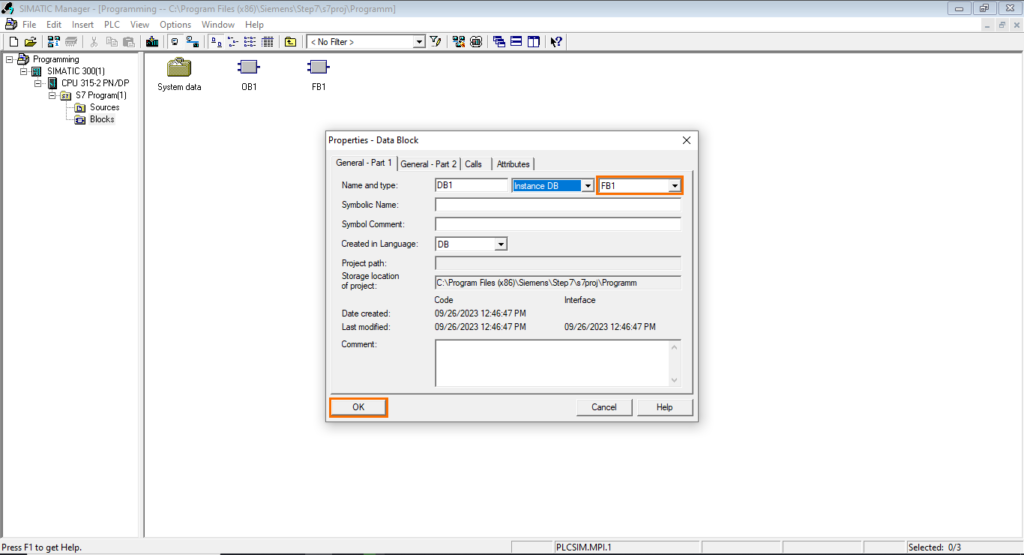 برنامه‌نویسی PLC زیمنس SIMATIC Manager STEP7 - انتخاب بلوک تابع مرتبط (FB)