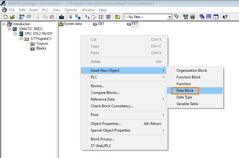 برنامه‌نویسی PLC زیمنس SIMATIC Manager STEP7 - ایجاد یک بلوک داده جدید
