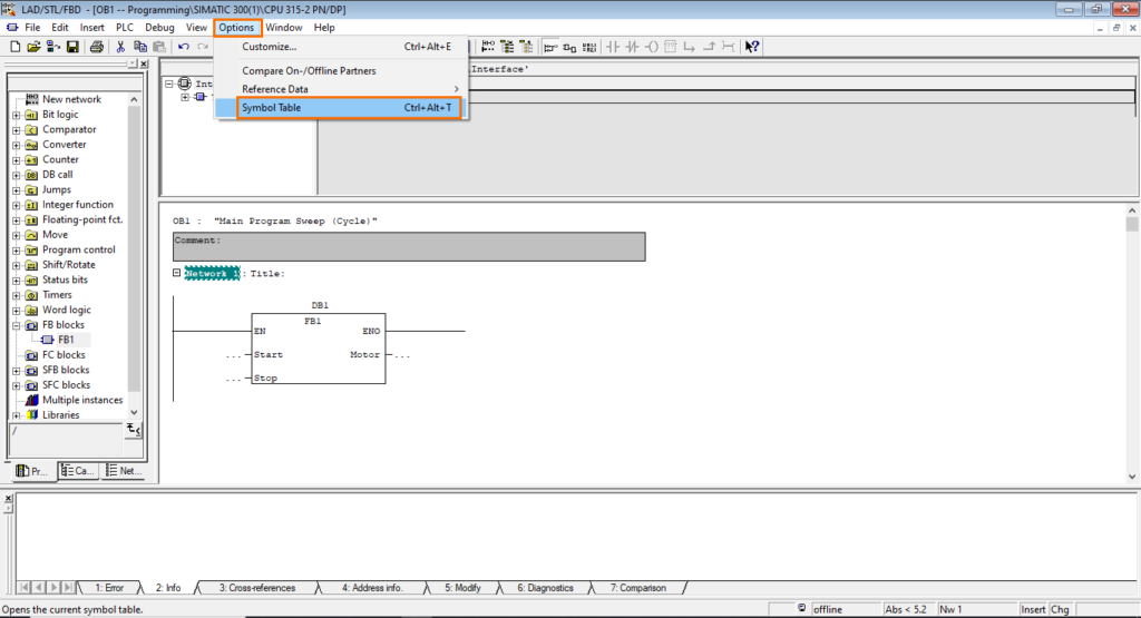 برنامه‌نویسی PLC زیمنس SIMATIC Manager STEP7- باز کردن جدول نمادها