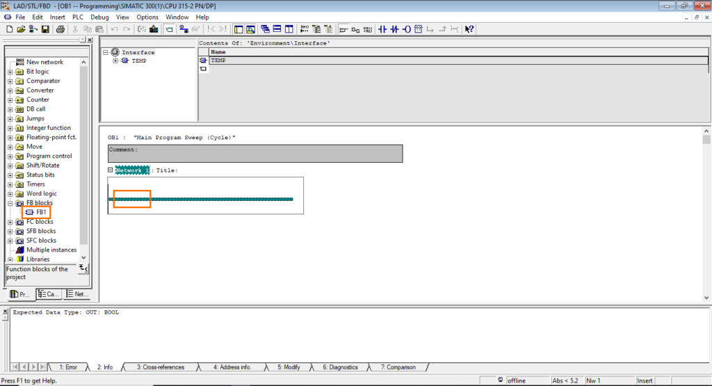 برنامه‌نویسی PLC زیمنس SIMATIC Manager STEP7 - فراخوانی تابع بلوک ۱ (FB1)