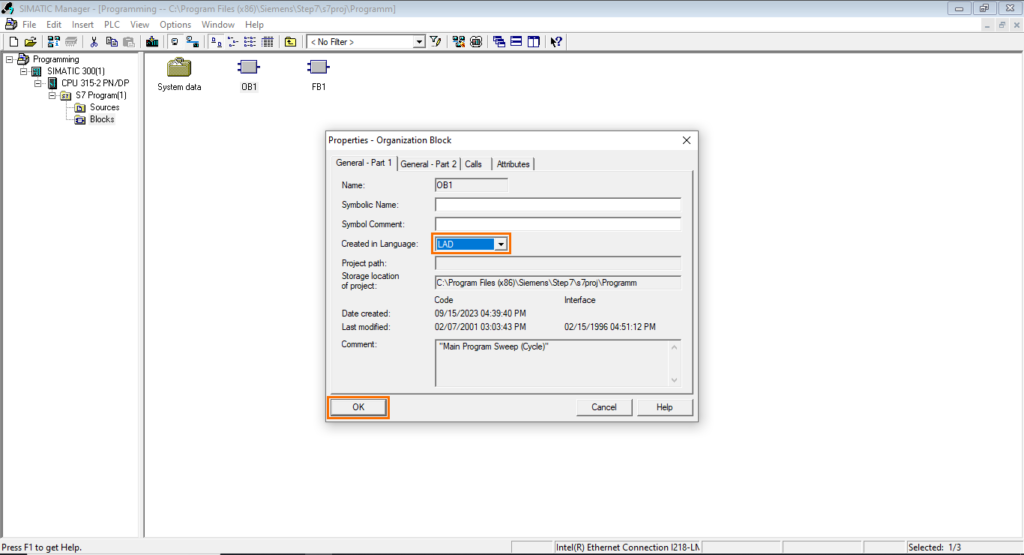 برنامه‌نویسی PLC زیمنس SIMATIC Manager STEP7 - ویژگی‌های OB1