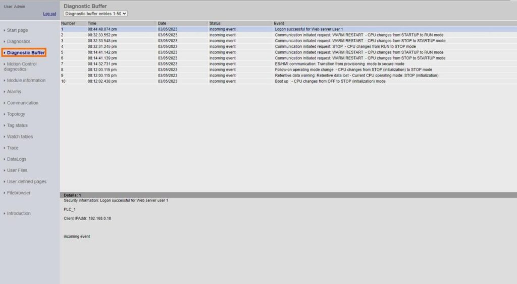 شکل ۱۶ – وب‌سرور PLC - بافر Diagnostics وب‌سرور