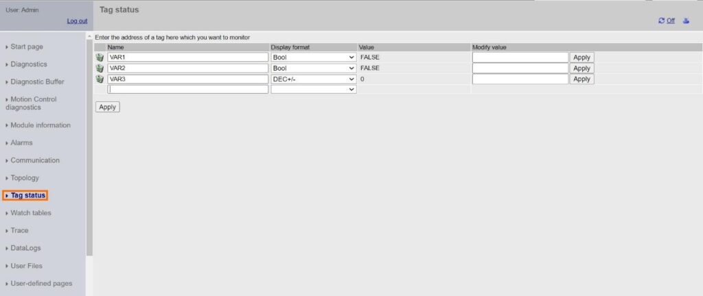 شکل ۲۲ – وب‌سرور PLC - نمایش وضعیت برچسب‌های داده وب‌سرور