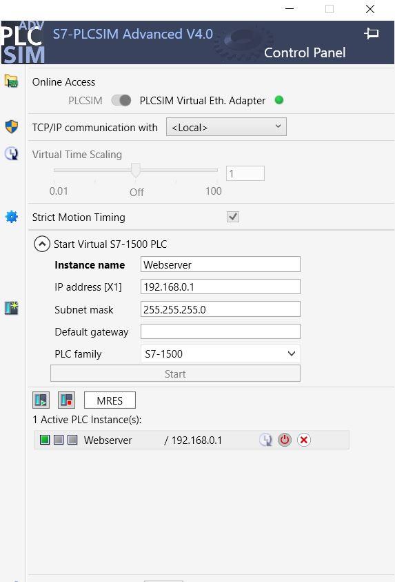 شکل ۸ – وب‌سرور PLC - وب‌سرور S7-PLCSIM Advanced در حالت Run